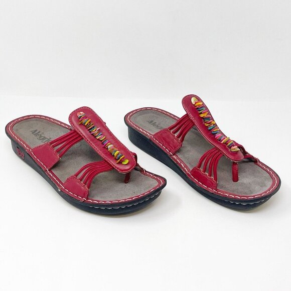 Alegria PIS-615 Red Leather Seashell Embellished Slip On Comfort Sandals Size 40 - Picture 1 of 9